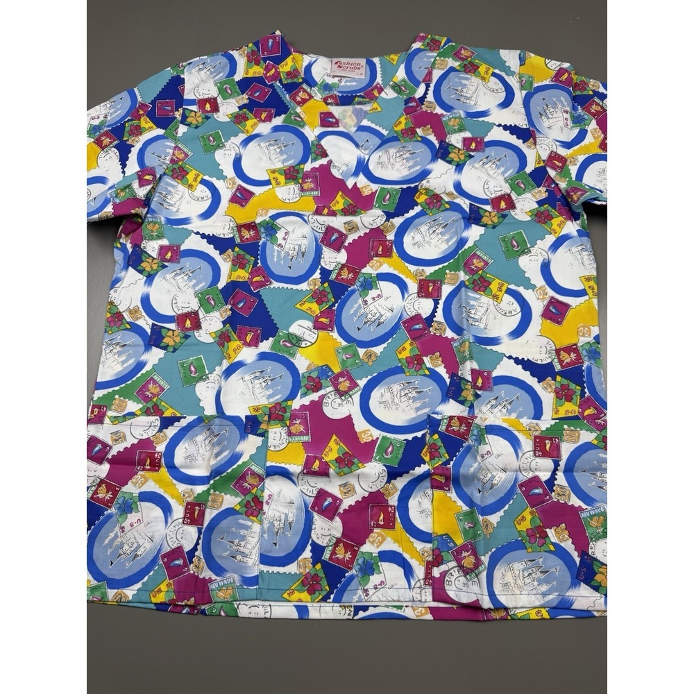 fashion scrubs womens v neck scrub top size small postage stamp design colorful